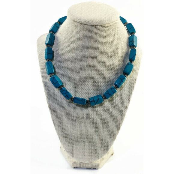 Rectangular Faux Turquoise Rock Necklace 16.5" Long Silver Clasp - Picture 8 of 10